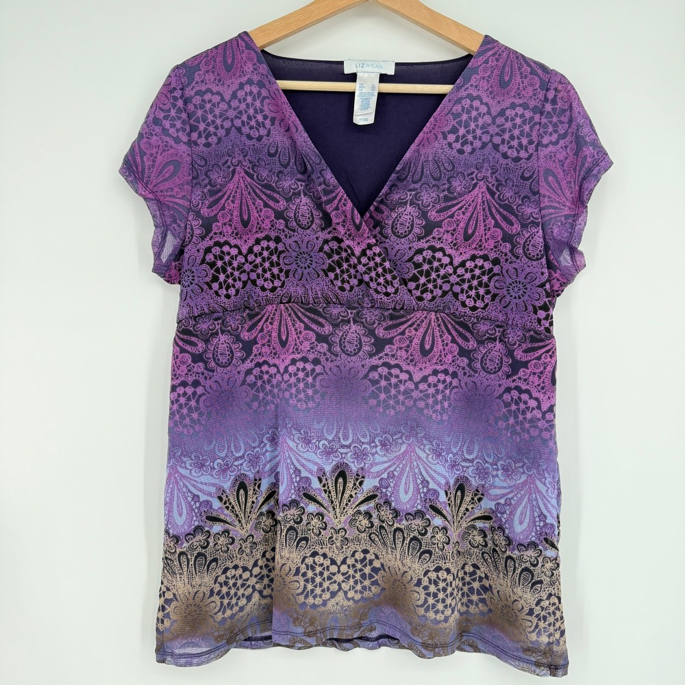 Liz Wear Y2K Purple Floral Paisley Babydoll‎ Stretch Blouse Top XL Whimsigoth